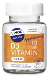 5702071500223_LIV_D-vitamin_10mcg_150stk_Tyggetablet_150ml_FORSIDE