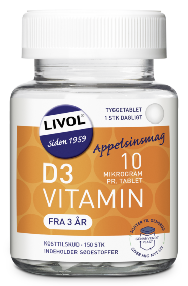 5702071500223_LIV_D-vitamin_10mcg_150stk_Tyggetablet_150ml_FORSIDE