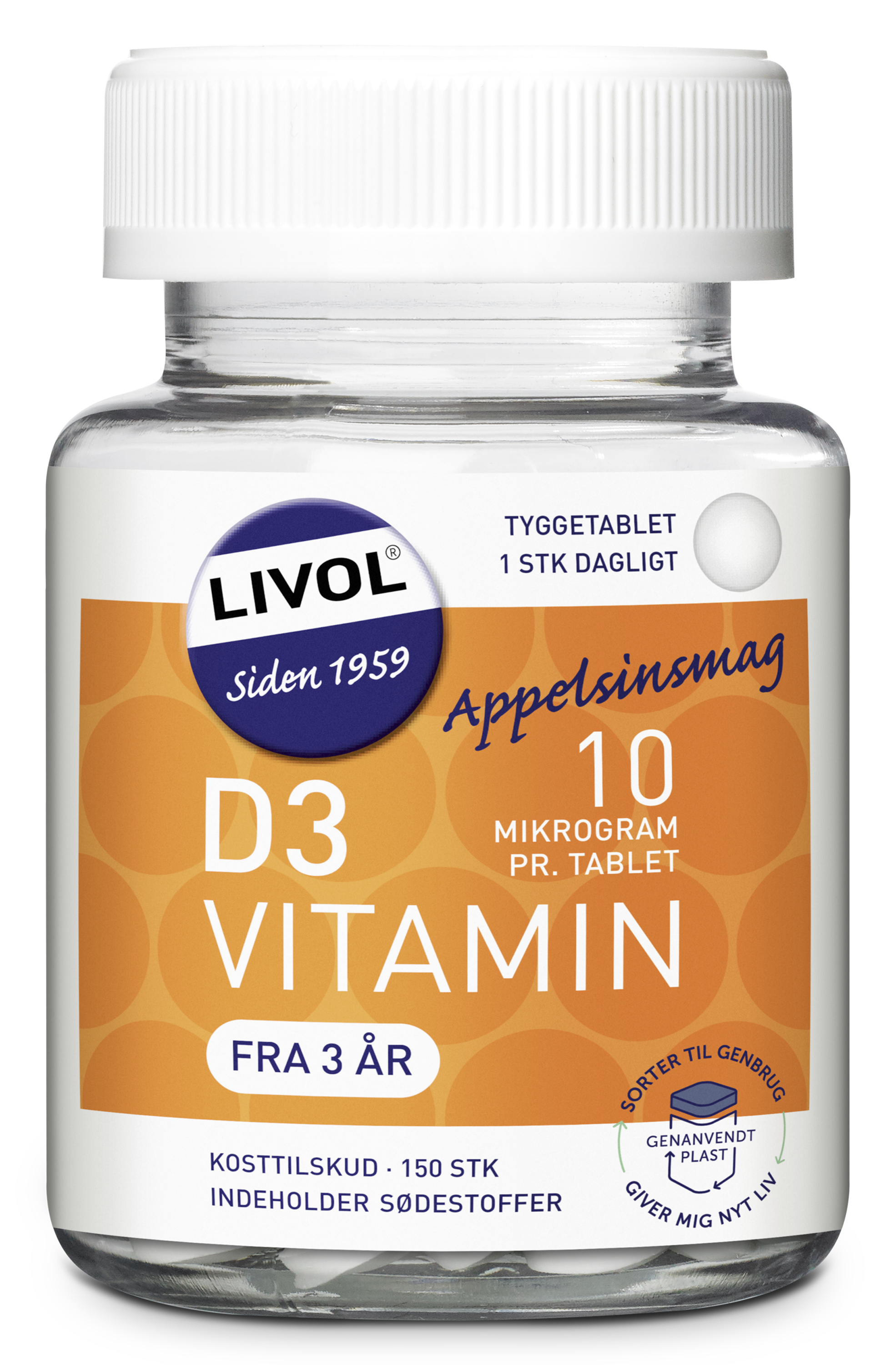 5702071500223_LIV_D-vitamin_10mcg_150stk_Tyggetablet_150ml_FORSIDE